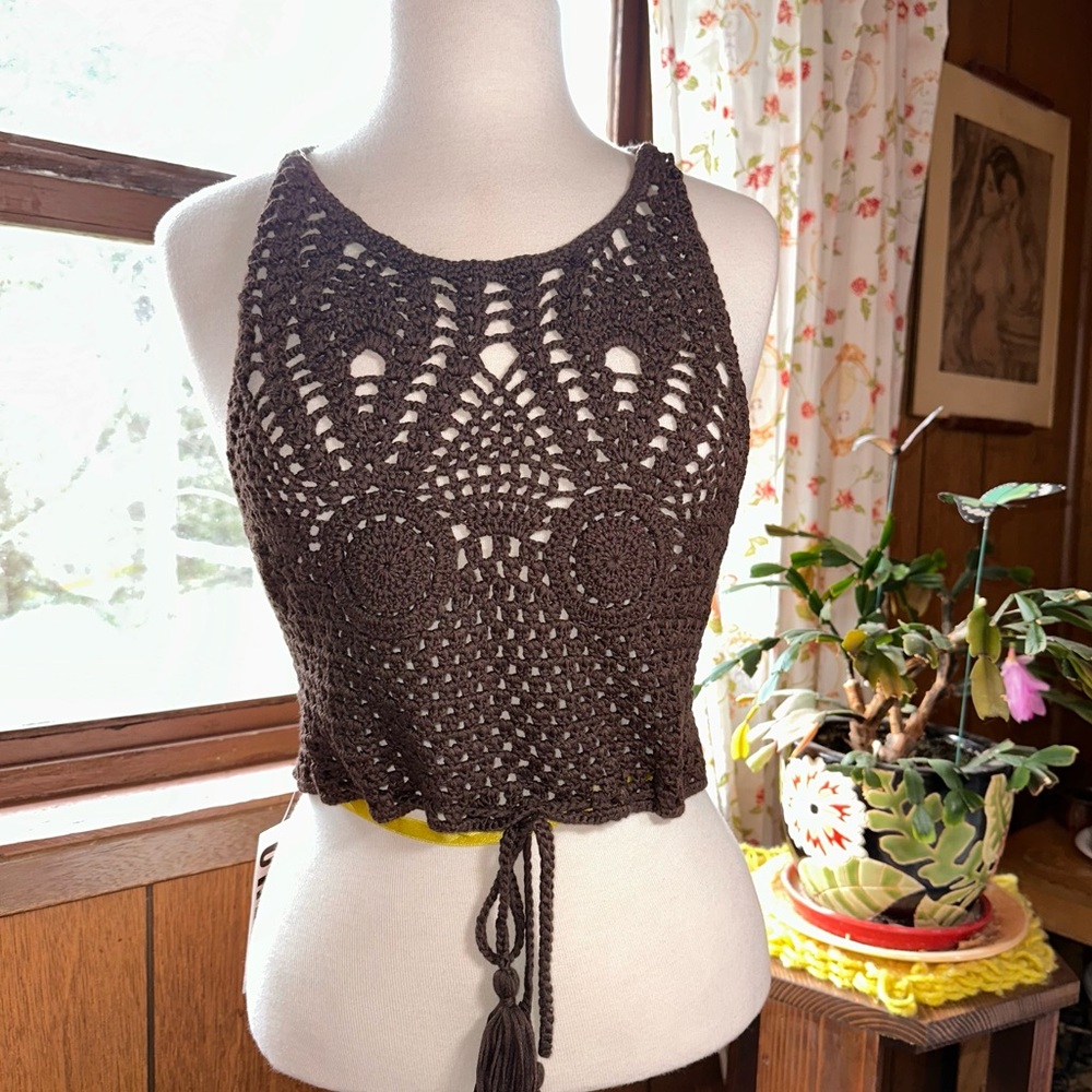 Out From Under • Chocolate Brown Crochet Lace Up Top - Picture 13 of 15